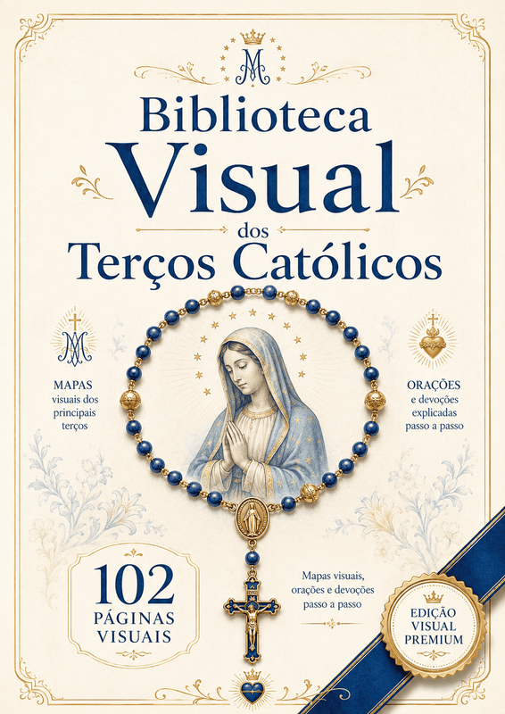 Biblioteca Visual dos Terços Católicos — mockup do guia digital Santo Terço